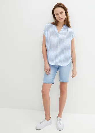 Halenka s krátkým rukávem, ze splývavé viskózy • perlově modrá/bílá s proužky • bonprix obchod