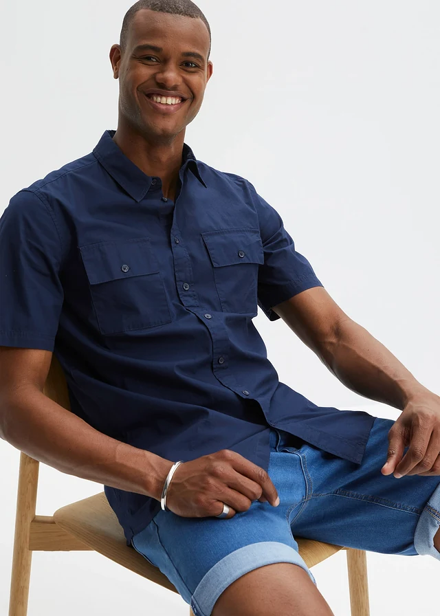 Chemise manches courtes 100 % coton, Couleur: bleu foncé