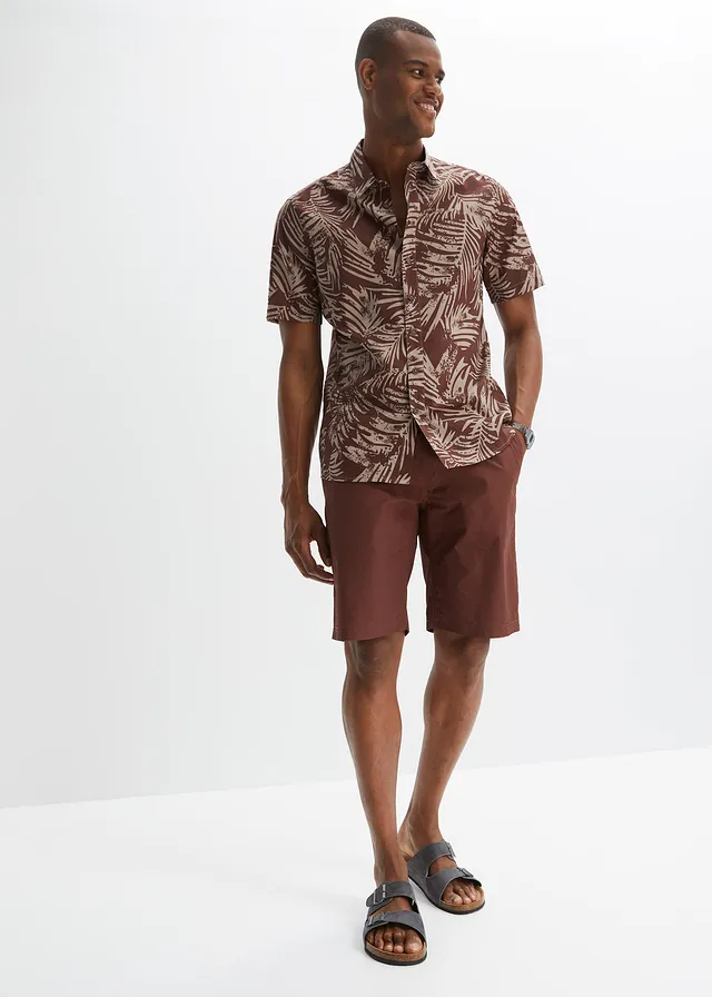 Chemise manches courtes 100% coton, Couleur: acajou foncé imprimé