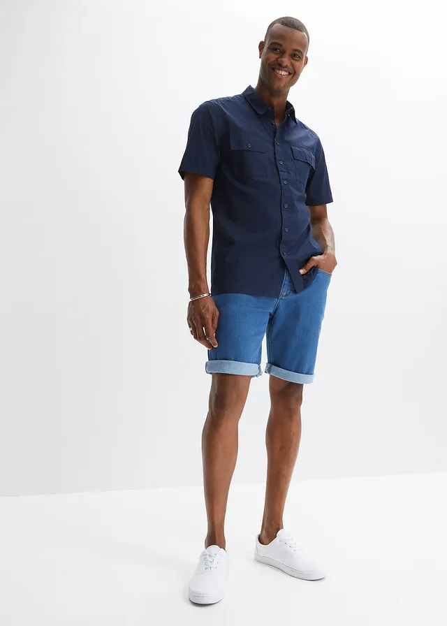 Chemise manches courtes 100 % coton, Couleur: bleu foncé