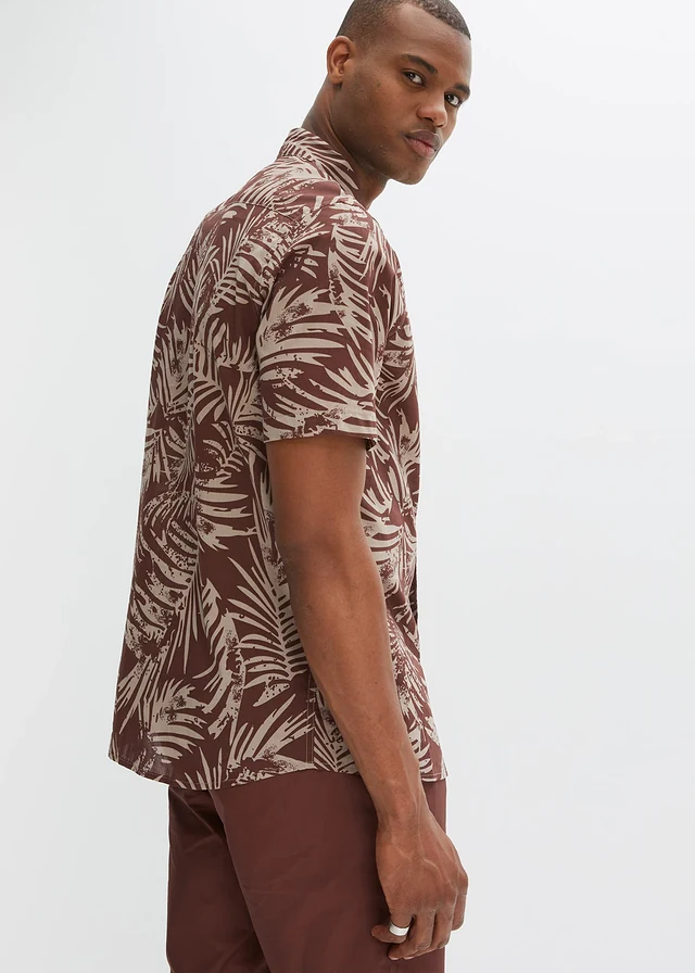 Chemise manches courtes 100% coton, Couleur: acajou foncé imprimé