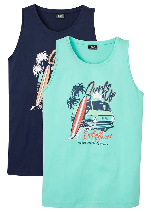 Lot de 2 débardeurs en coton, Couleur: bleu foncé+bleu menthol