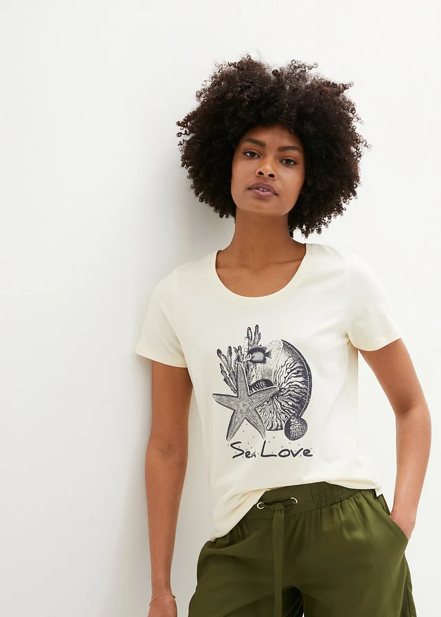 T-shirt Sea Love, Kleur: crèmewit-donkerblauw met print