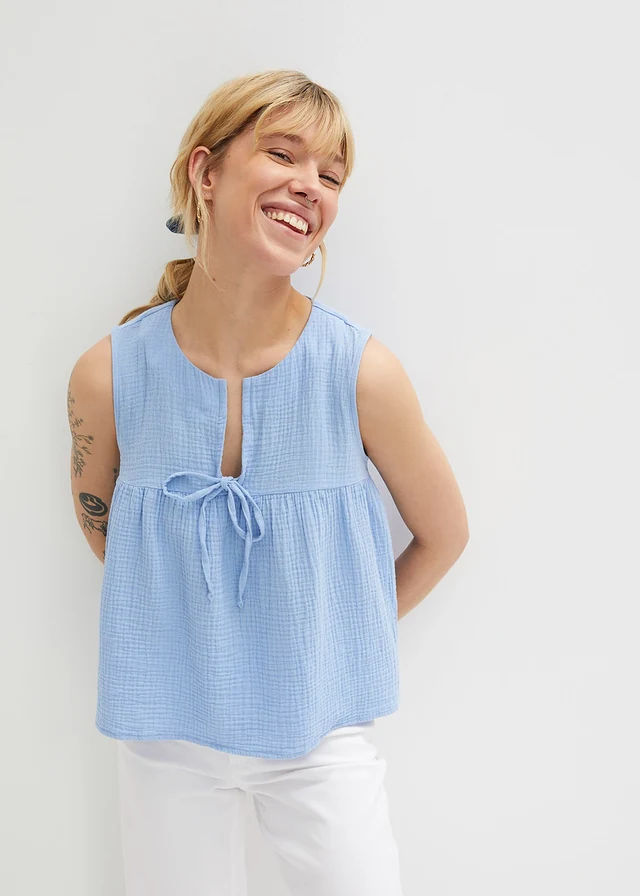 Blouse sans manches en gaze de coton • bleu nacré • product-page.page-title-suffix