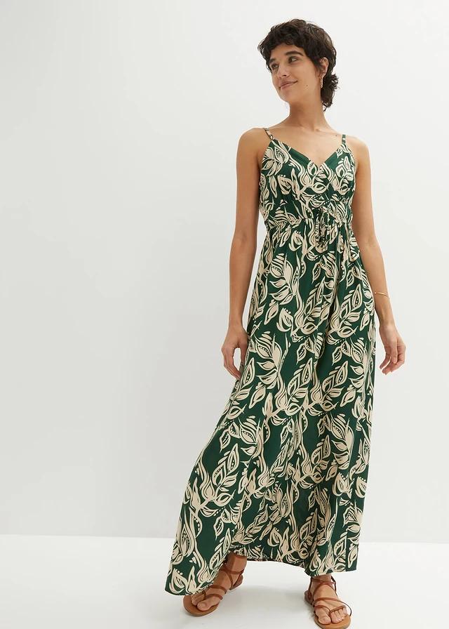 Maxi jurk van soepele viscose, Kleur: donkergroen-sandbeige gebloemd
