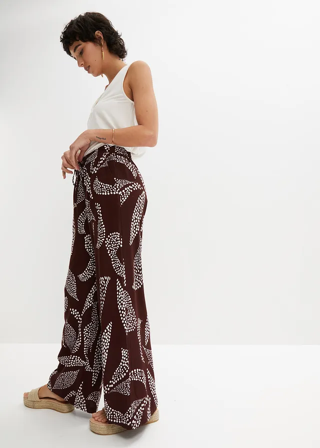 Pantalon large en viscose, Couleur: acajou foncé/écru imprimé