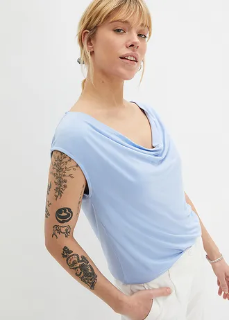 Top met watervalhals, Kleur: parelblauw