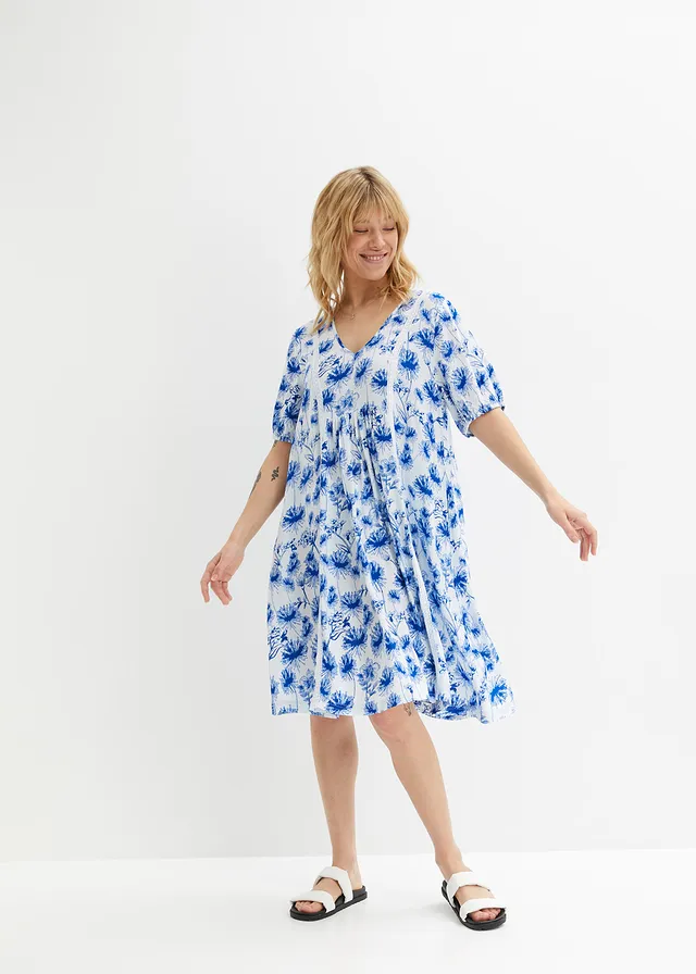 Robe courte en viscose, Couleur: blanc/bleu imprimé