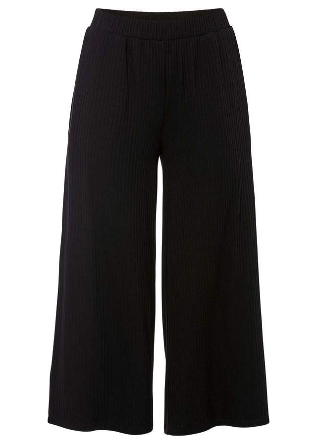 Pantalon en jersey côtelé à taille élastiquée, Couleur: noir