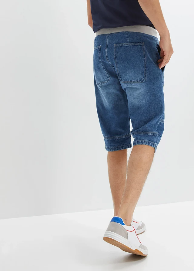 Bermuda long et léger en jean taille extensible, loose, Couleur: bleu stone