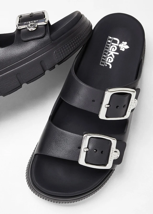 Mules Rieker légères et confortables à plateforme, Couleur: noir