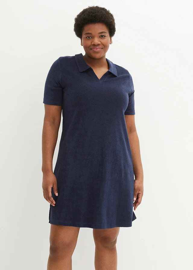 Knie-lange frotté jurk met polokraag, Kleur: donkerblauw