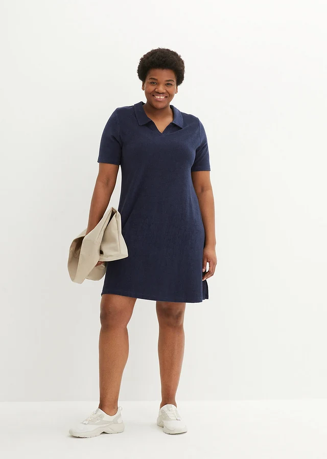 Knie-lange frotté jurk met polokraag, Kleur: donkerblauw