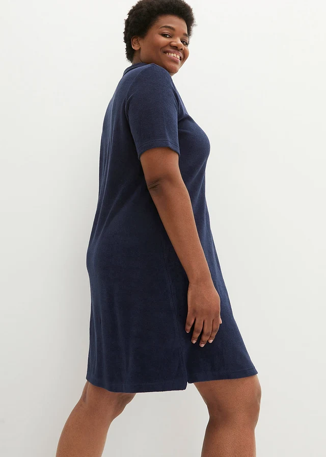 Knie-lange frotté jurk met polokraag, Kleur: donkerblauw