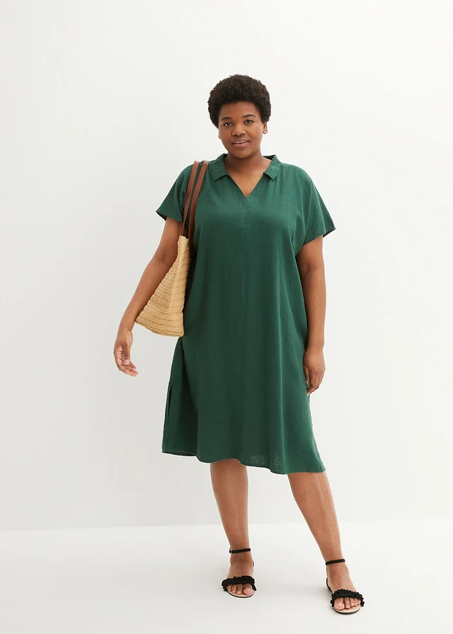 Kaftan jurk in een lichte linnen-viscosemix, Kleur: donkergroen