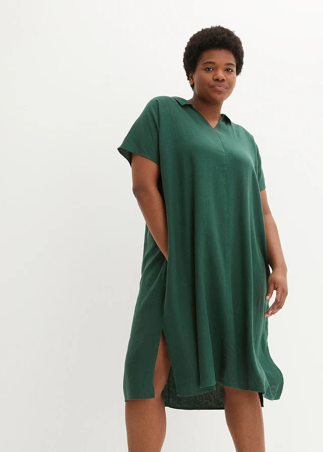 Kaftan jurk in een lichte linnen-viscosemix, Kleur: donkergroen