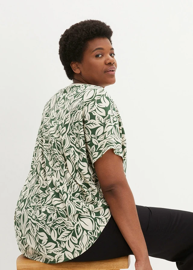 High-low shirt met strikkoordjes, Kleur: donkergroen-sandbeige