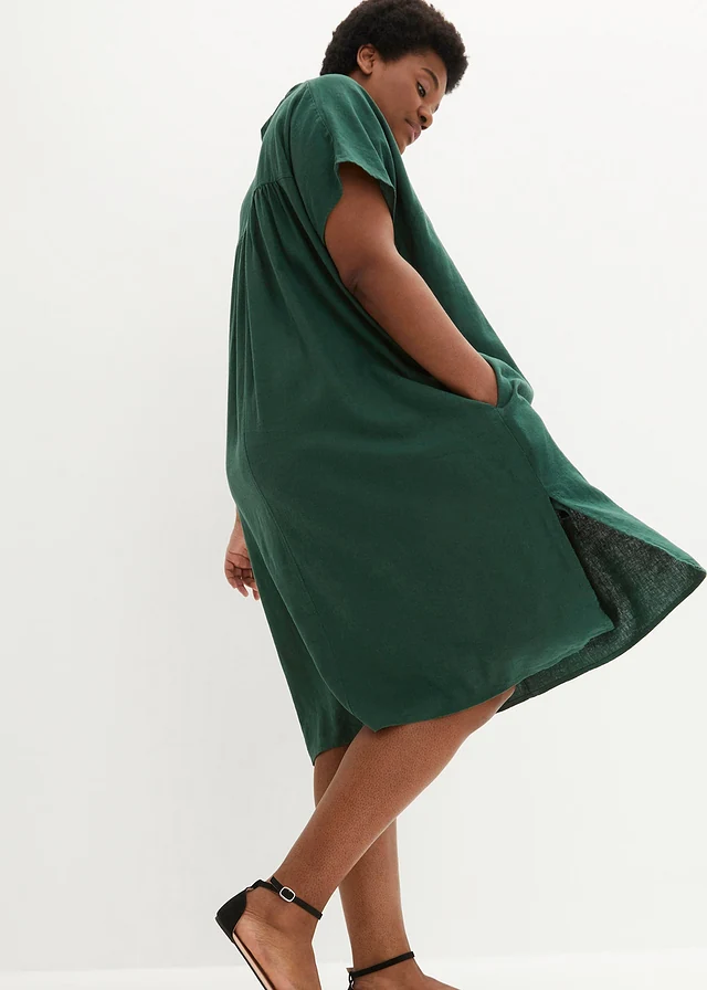 Robe caftan légère en lin et viscose, Couleur: vert foncé
