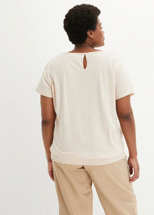 T-shirt en fil flammé avec base smockée, Couleur: beige sable