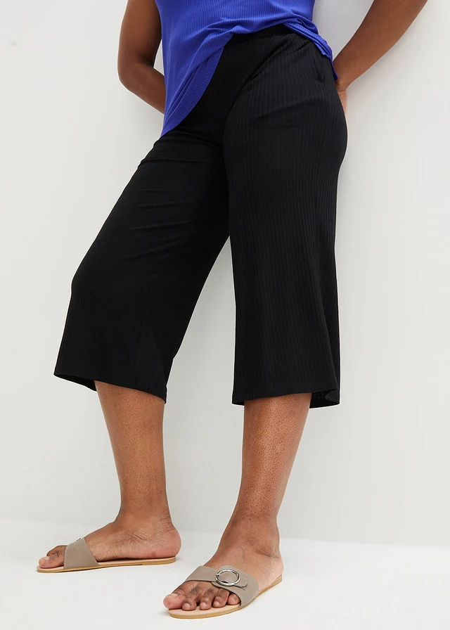 Pantalon en jersey côtelé à taille élastiquée, Couleur: noir