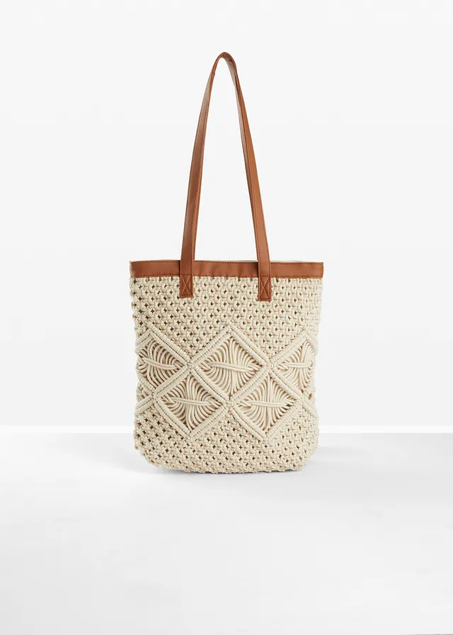Torba makramowa typu shopper • kremowy • sklep bonprix