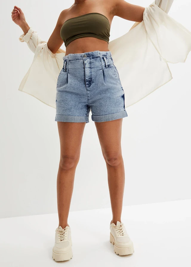 Short en jean paper bag, Couleur: bleu denim