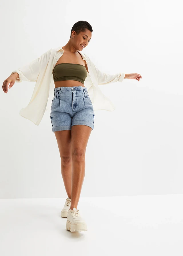 Short en jean paper bag, Couleur: bleu denim