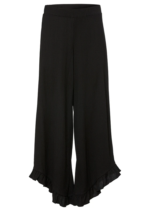 Pantalon en crêpe texturé, taille élastiquée, Couleur: noir