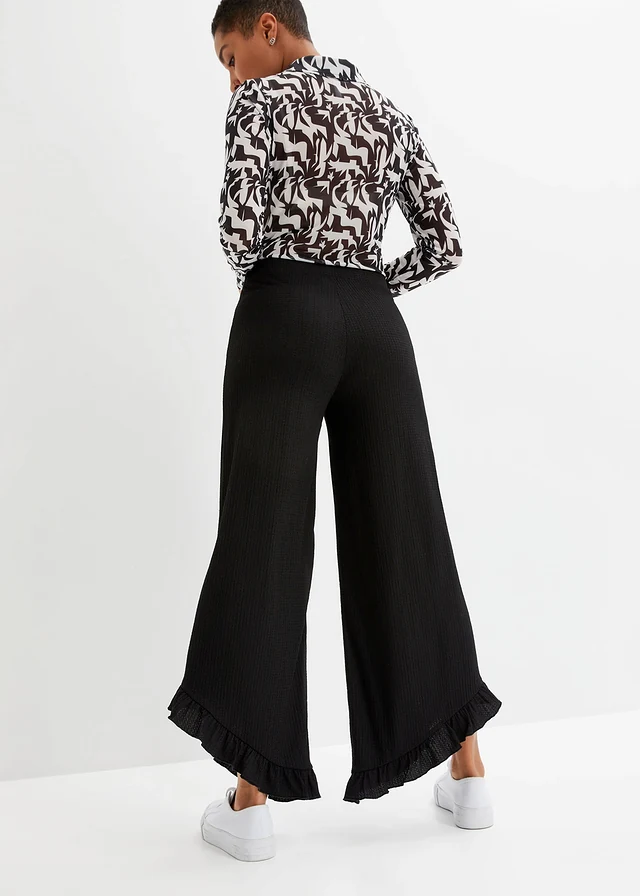 Pantalon en crêpe texturé, taille élastiquée, Couleur: noir