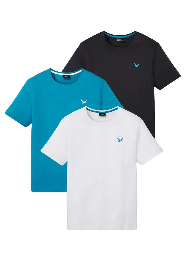 Lot de 3 T-shirts, Couleur: blanc + noir + turquoise cobalt