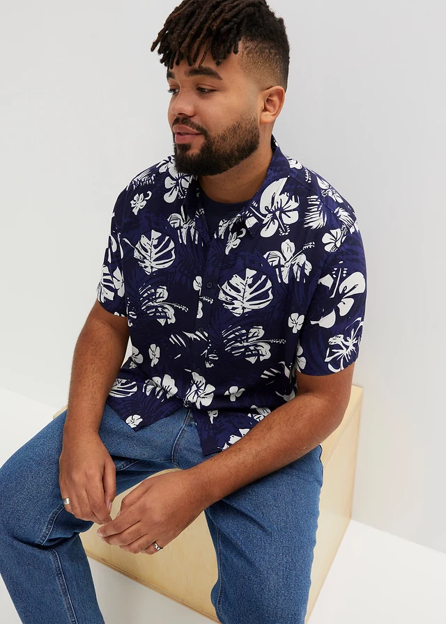 Chemise manches courtes en viscose, Couleur: bleu foncé floral