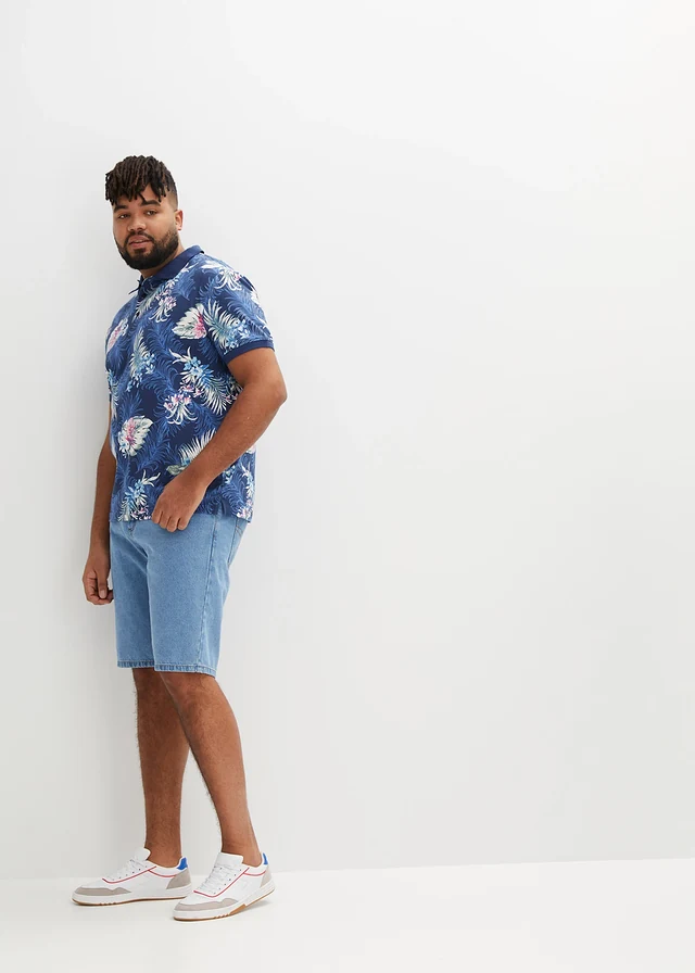 Jersey poloshirt met Hawaï-print, korte mouw, Kleur: donkerblauw