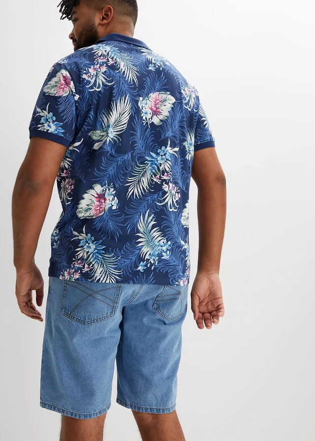 Jersey poloshirt met Hawaï-print, korte mouw, Kleur: donkerblauw