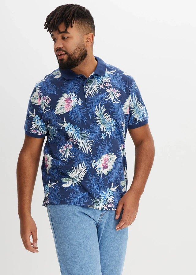 Jersey poloshirt met Hawaï-print, korte mouw, Kleur: donkerblauw