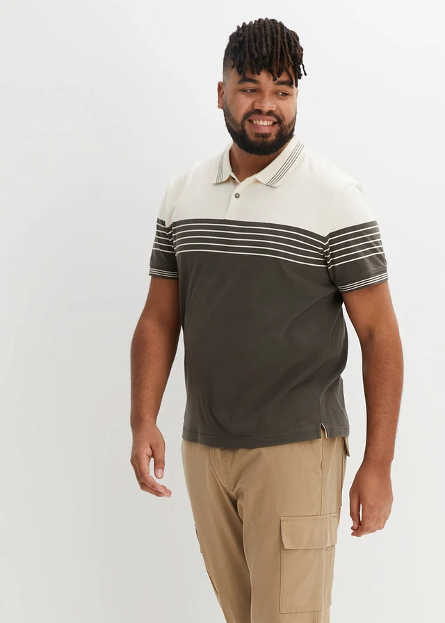 Jersey poloshirt van puur katoen, Kleur: wolwit-donkerolijfgroen horizontaal gestreept