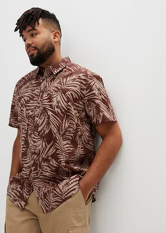 Chemise manches courtes 100% coton, Couleur: acajou foncé imprimé