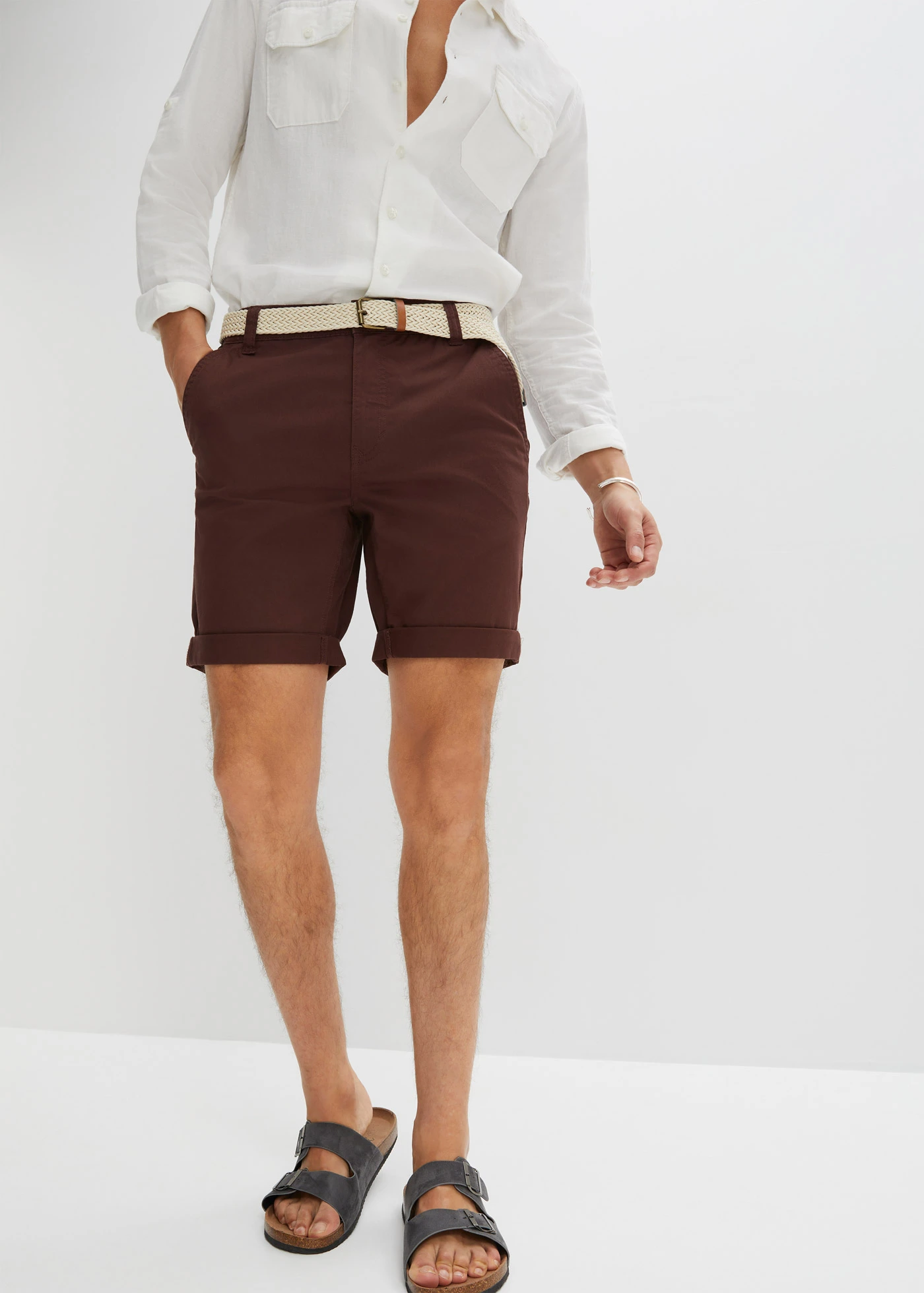 Stretch chino bermuda met riem, regular fit • terrabruin • bonprix online shop