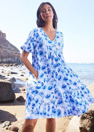 Rochie mini din viscoză • alb-albastru cu imprimeu • magazin bonprix
