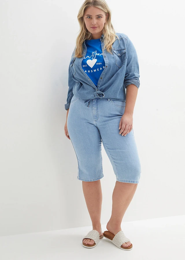 Bermuda slim en jean, taille haute, Couleur: bleu glacier denim used
