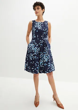 Jurk met permanente plooien en zakken • donkerblauw-wolwit • bonprix online shop