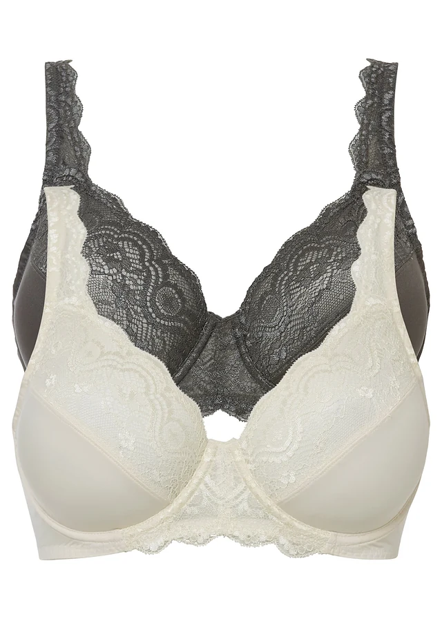 Lot de 2 soutiens-gorge à armatures et dentelle, Couleur: beige naturel-anthracite