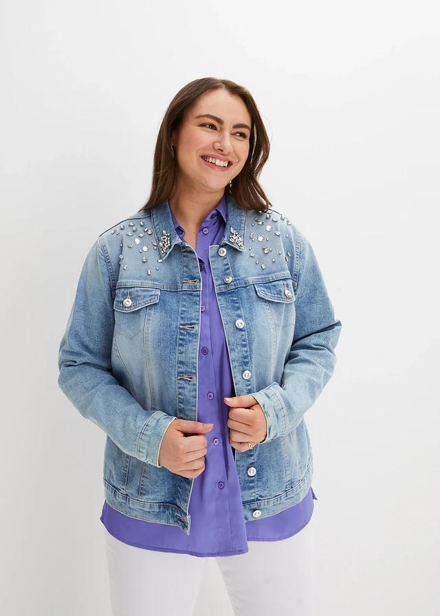 Veste en jean avec strass appliqués, Couleur: denim bleu
