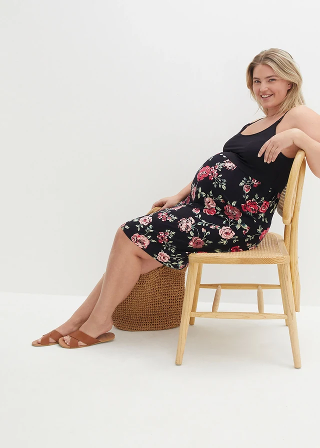 Robe de grossesse en viscose avec fonction allaitement, Couleur: noir à fleurs