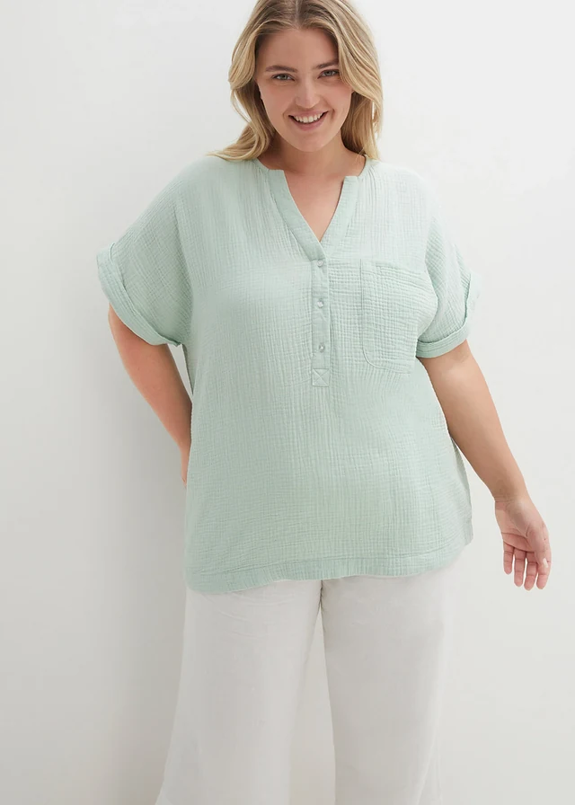 Mousseline blouse met knoopsluiting en zak, Kleur: lichtrietgroen