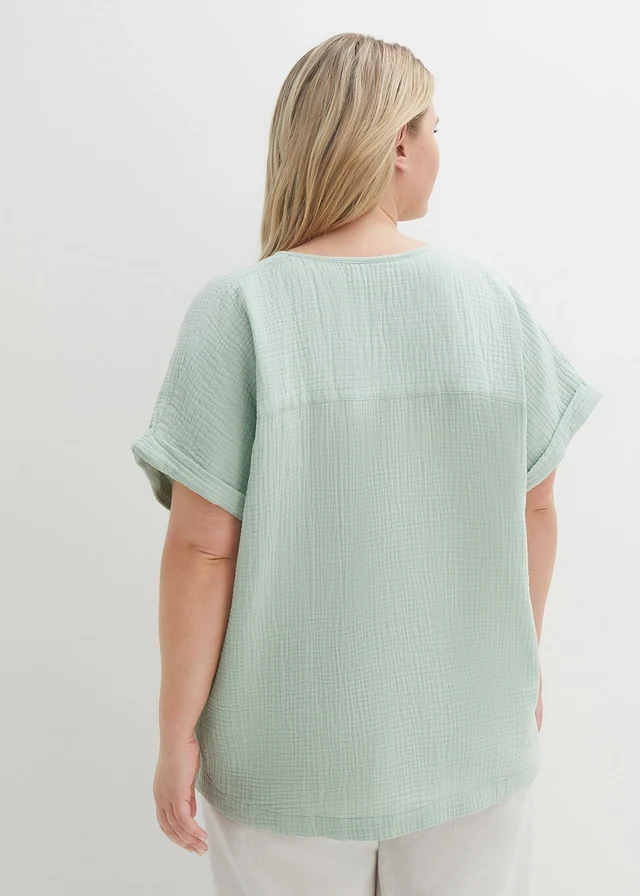 Blouse manches courtes en gaze de coton, Couleur: roseau clair