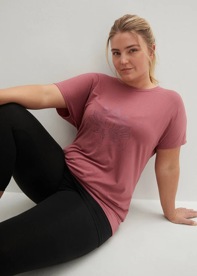 T-shirt loose de sport, large base élastiquée, Couleur: vieux rose imprimé