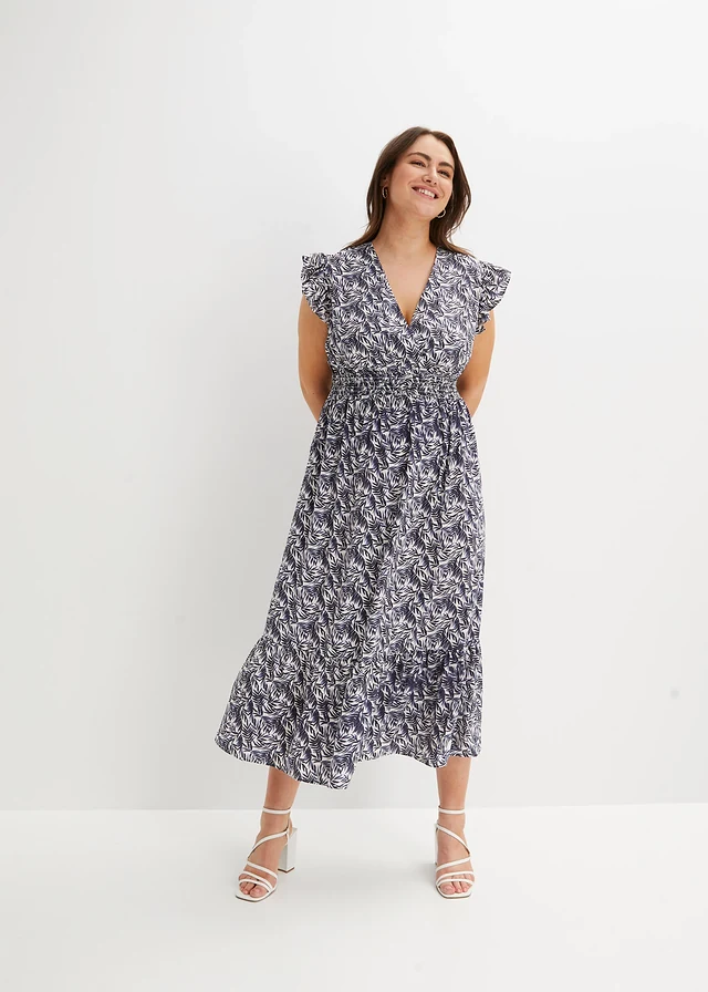 Robe longue à manches papillon, Couleur: indigo + écru imprimé