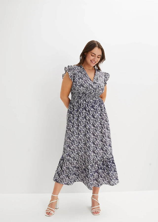 Robe longue à manches papillon, Couleur: indigo + écru imprimé