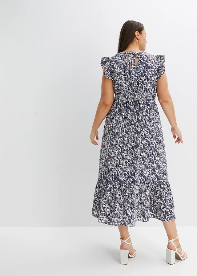 Robe longue à manches papillon, Couleur: indigo + écru imprimé