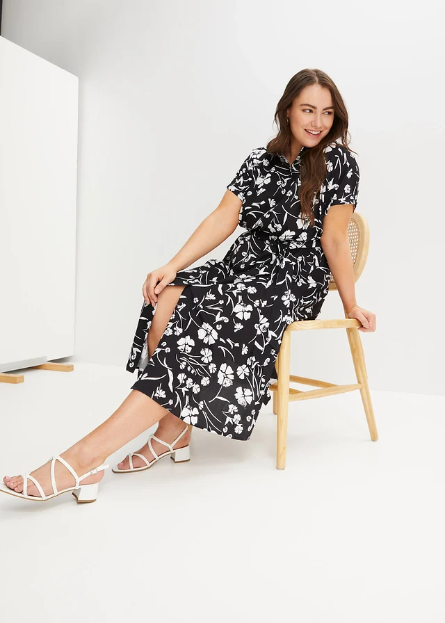 Robe-chemise 100% viscose, Couleur: noir / blanc